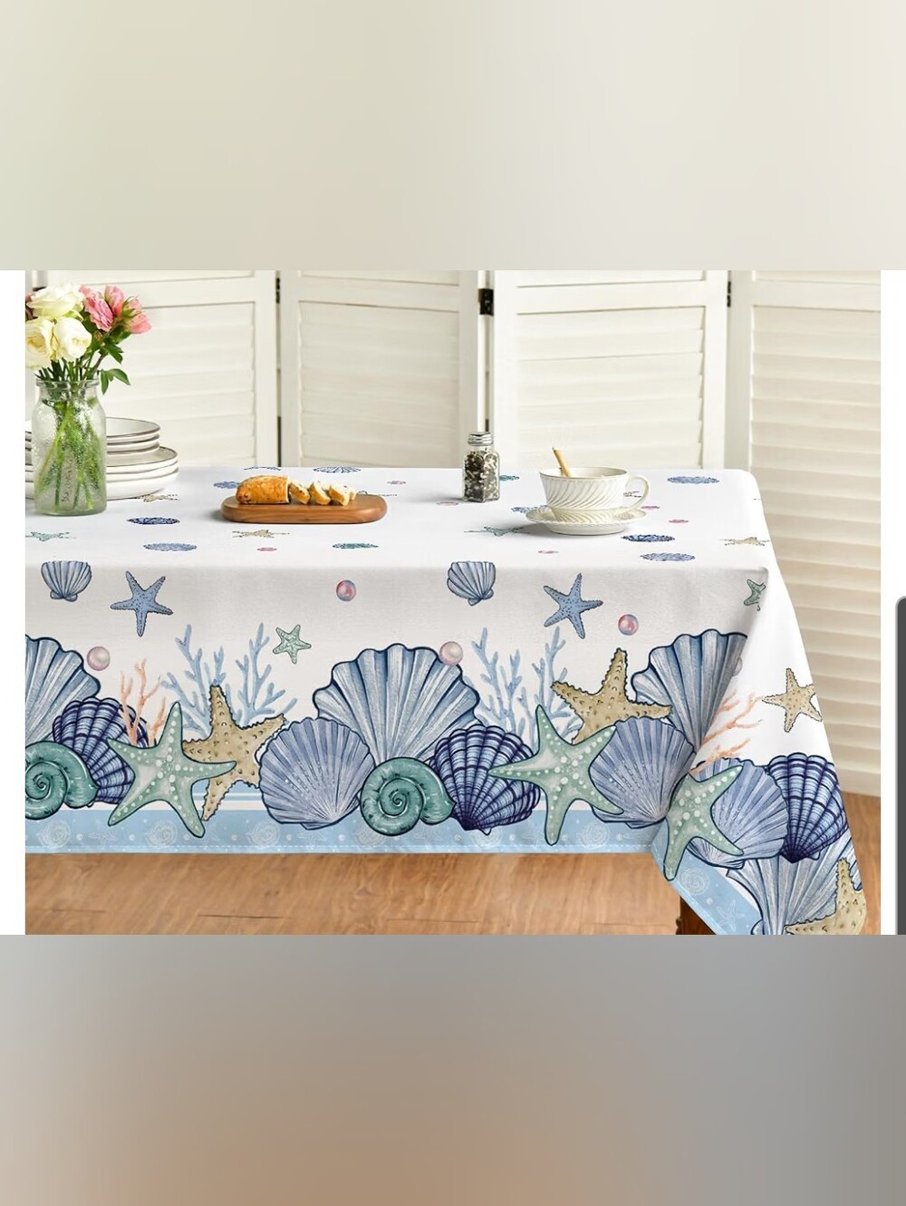 Coastal Seashell Rectangular Tablecloth in Blue and White 60x84